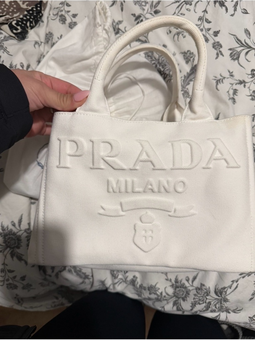 Prada White Embossed Canvas Tote
